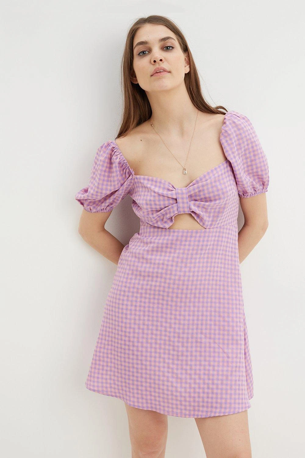 Dorothy Perkins Lilac Gingham Puff Sleeve Mini Dress 3 Dorothy Perkins Lilac Gingham Puff Sleeve Mini Dress