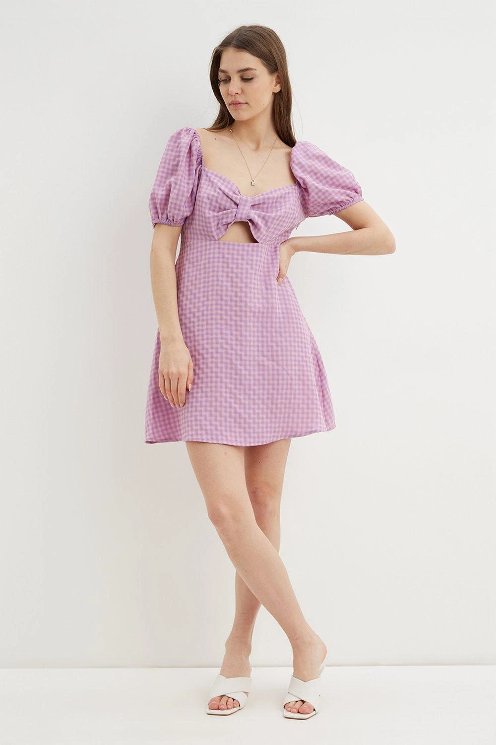 Dorothy Perkins Lilac Gingham Puff Sleeve Mini Dress 4 Dorothy Perkins Lilac Gingham Puff Sleeve Mini Dress - Image 2