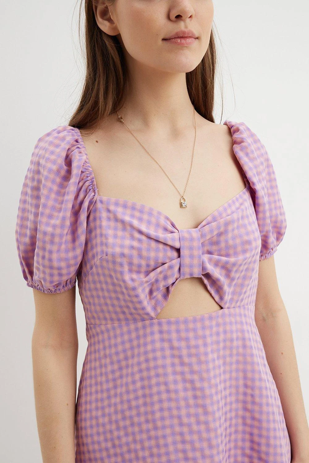 Dorothy Perkins Lilac Gingham Puff Sleeve Mini Dress 6 Dorothy Perkins Lilac Gingham Puff Sleeve Mini Dress - Image 4