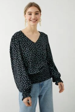 Dorothy Perkins Mint Spot Shirred Hem V Neck Blouse -Dorothy Perkins Shop bqq09068 black xl 1