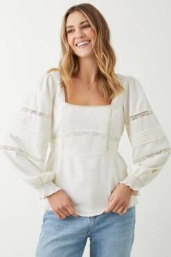 Dorothy Perkins Ivory Lace Trim Square Neck Blouse