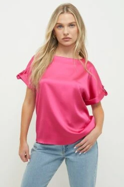 Dorothy Perkins Petite Pink Satin Roll Sleeve Blouse -Dorothy Perkins Shop bqq09787 pink xl 1