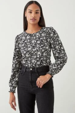 Dorothy Perkins Petite Mono Ditsy Shirred Cuff Long Sleeve Top