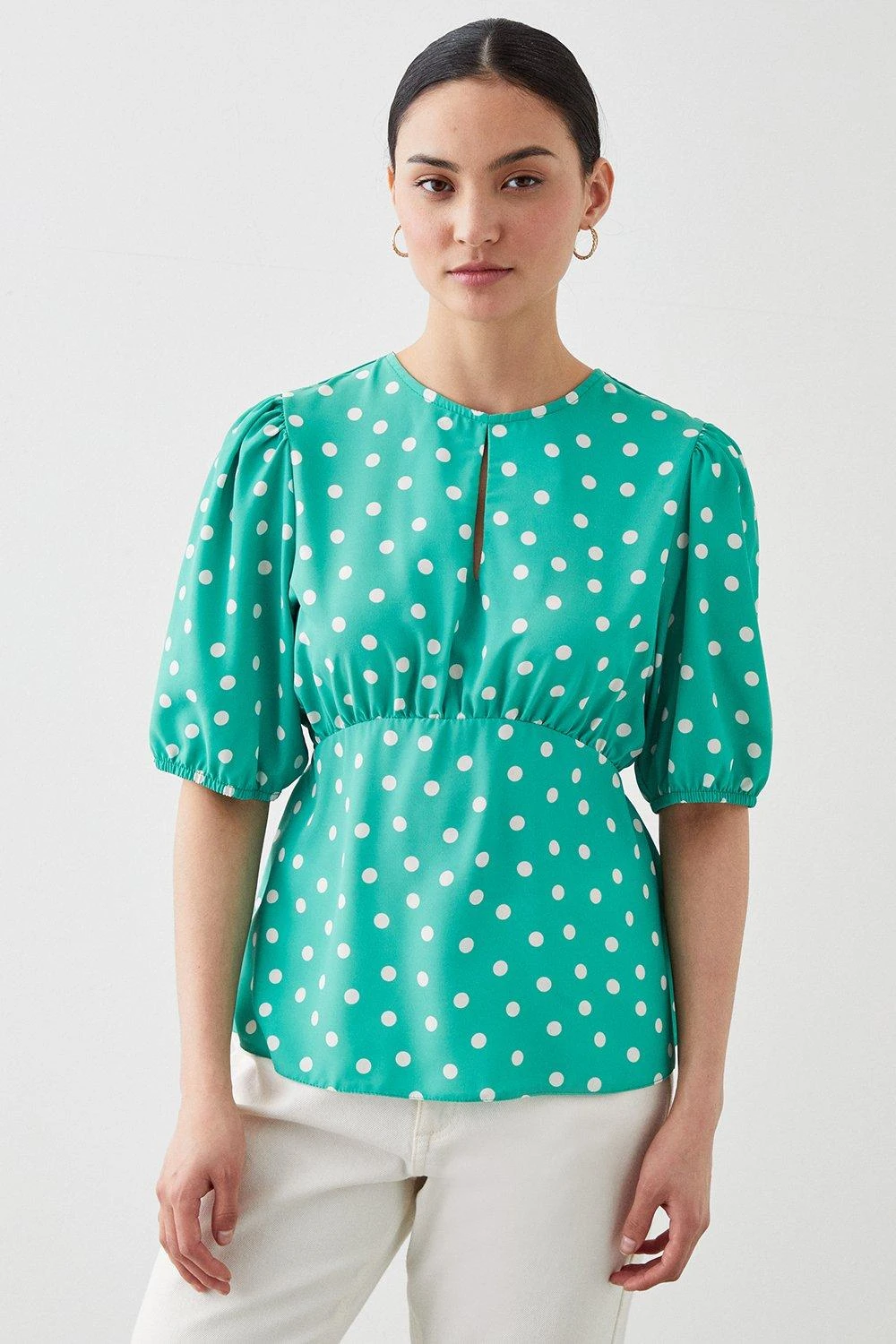 Dorothy Perkins Petite Green Spot Short Sleeve Keyhole Tea Blouse 4 Dorothy Perkins Petite Green Spot Short Sleeve Keyhole Tea Blouse - Image 2