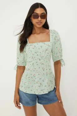 Dorothy Perkins Mint Ditsy Tie Sleeve Tea Blouse
