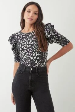 Dorothy Perkins Black Ditsy Frill Shoulder Top