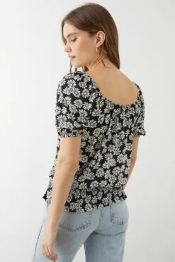 Dorothy Perkins Black Ditsy Shirred Hem Tie Detail Top -Dorothy Perkins Shop bqq10317 black xl 2