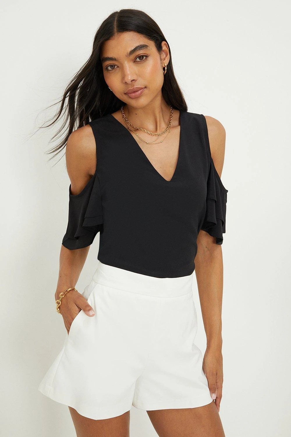 Dorothy Perkins Black Cold Shoulder V Neck Blouse 6 Dorothy Perkins Black Cold Shoulder V Neck Blouse - Image 4
