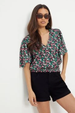 Dorothy Perkins Petite Shirred Hem Wrap Over Angel Sleeve Top