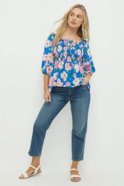 Dorothy Perkins Petite Blue Floral Shirred Blouse