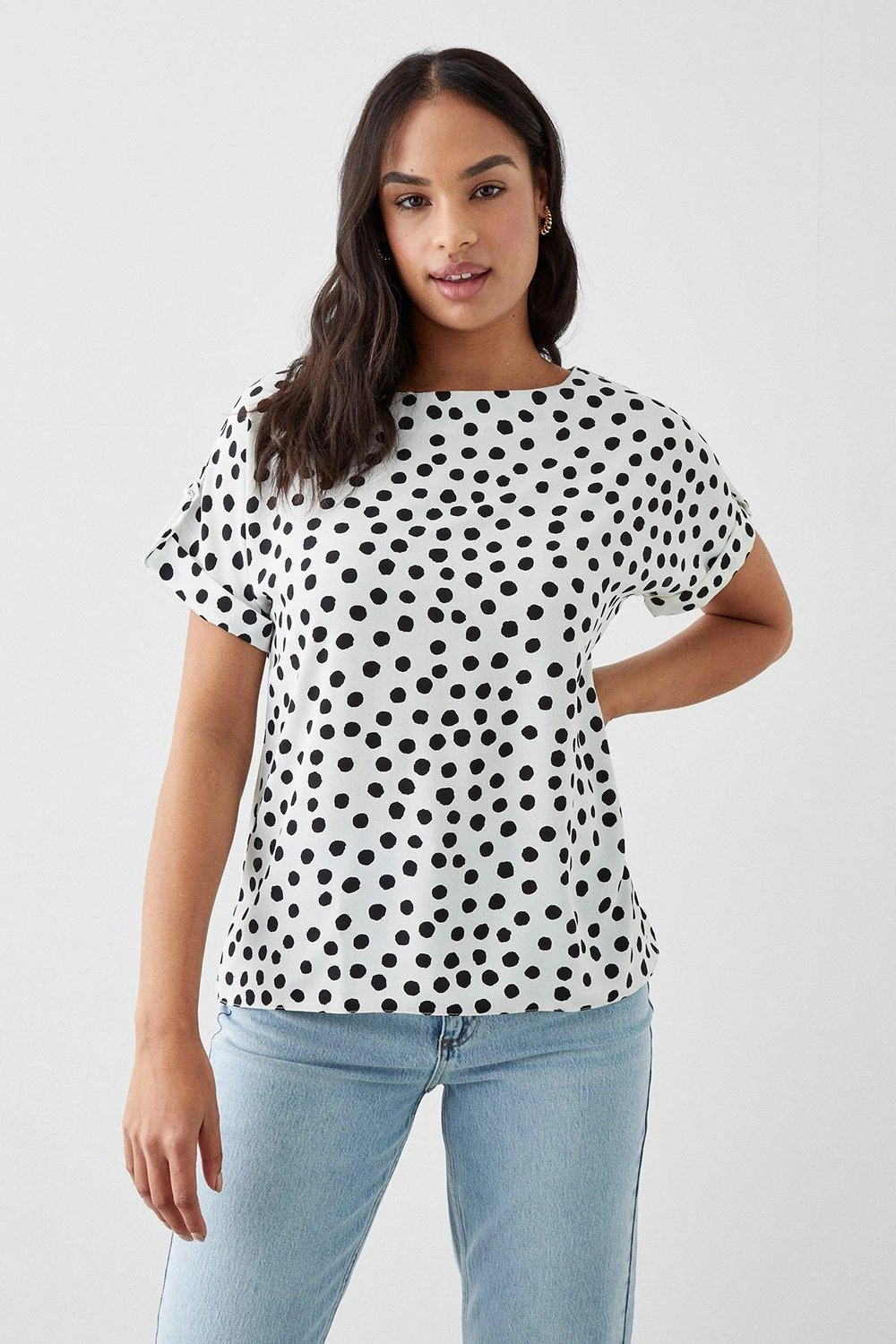 Dorothy Perkins Mono Spot Roll Sleeve Blouse 2 Dorothy Perkins Mono Spot Roll Sleeve Blouse