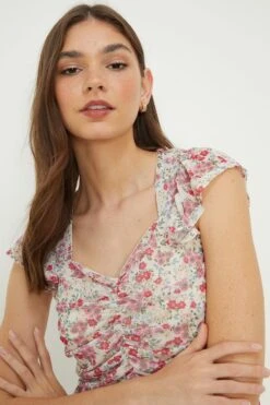 Dorothy Perkins Sweetheart Ruched Frill Sleeve Top -Dorothy Perkins Shop bqq11060 multi xl 2