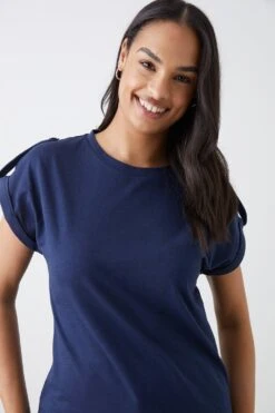 Dorothy Perkins Button Shoulder Roll Sleeve T-Shirt -Dorothy Perkins Shop bqq11080 navy xl 1