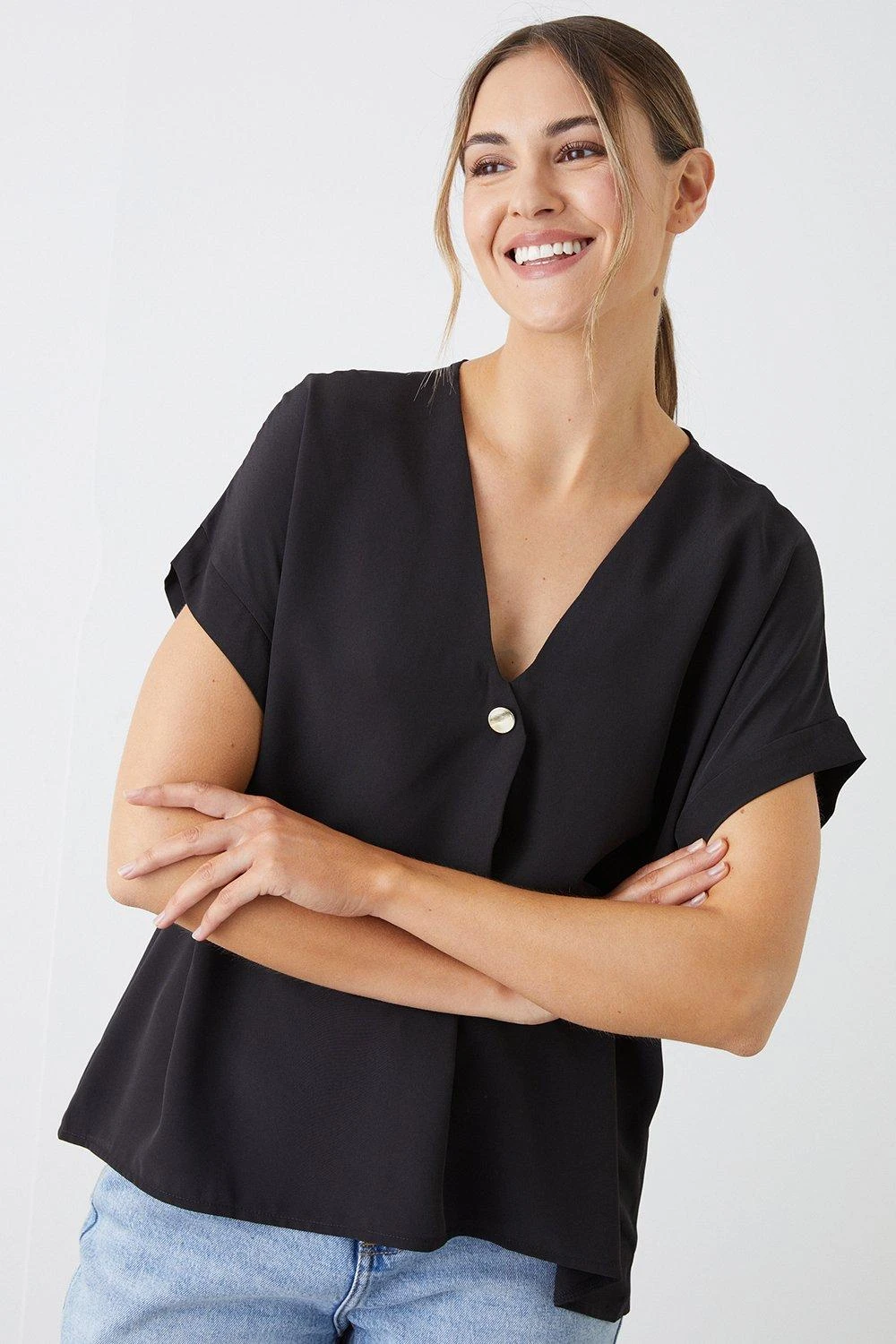 Dorothy Perkins Button Front Roll Sleeve Blouse 3 Dorothy Perkins Button Front Roll Sleeve Blouse