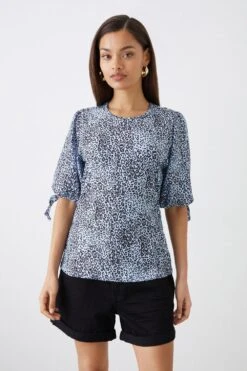Dorothy Perkins Petite Blue Animal Tie Sleeve Blouse