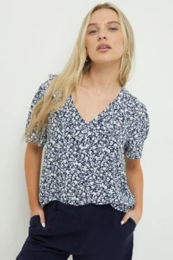 Dorothy Perkins Petite Navy Ditsy Ruffle Short Sleeve Blouse
