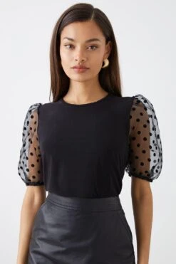 Dorothy Perkins Petite Black Spot Organza Short Sleeve Top