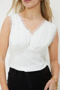 Dorothy Perkins Petite White Lace Trim Sleeveless Blouse -Dorothy Perkins Shop bqq12043 white xl 1
