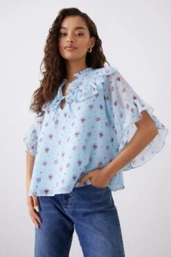 Dorothy Perkins Petite Blue Ditsy Ruffle Blouse