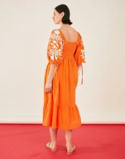 Accessorize Ornamental Print Embroidered Puff Sleeve Midi Dress -Dorothy Perkins Shop m5045463454026 orange xl 2