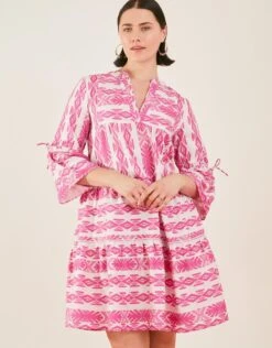 Accessorize Print Jacquard Flute Sleeve Dress With Sustainable Cotton