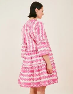 Accessorize Print Jacquard Flute Sleeve Dress With Sustainable Cotton -Dorothy Perkins Shop m5045463527140 pink xl 2